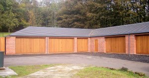 Gatcombe double and single garage doors on garage block Empingham Estate, Stamford
