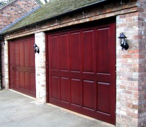 Pair of mahogany finished cedarwood garage doors Belper style