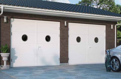 Ryterna White Side Hinged Garage Door, port hole windows, 50/50 split 