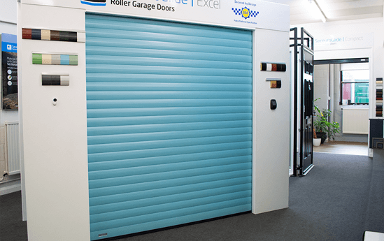 Duck Egg Blue SeceuroGlide Excel Roller Garage Door in Showroom
