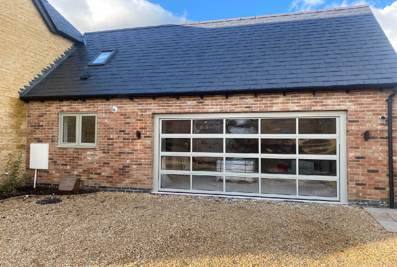 home office with glass garage door