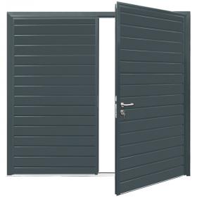 Side Hinged doors with pedestrian size door on one panel